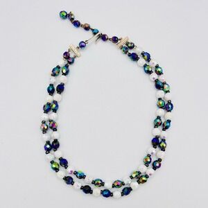 Vintage West Germany Necklace Iridescent Aurora‎ Borealis Beaded 16" Blue White